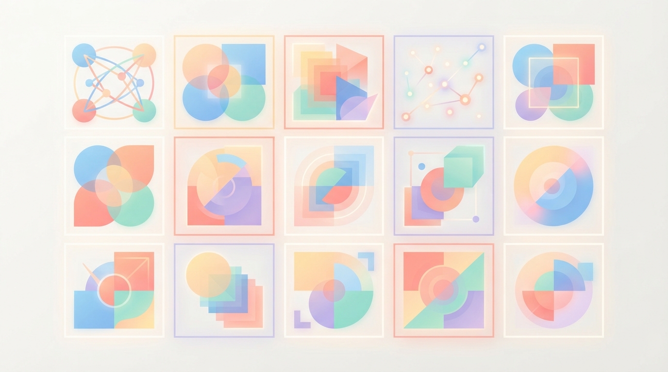Abstract grid of colorful geometric frames