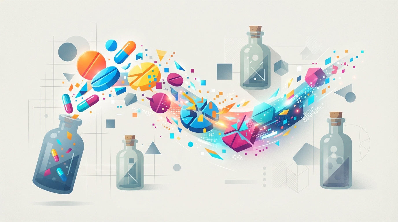 Abstract colorful tablets dissolving in elegant glass vessels.