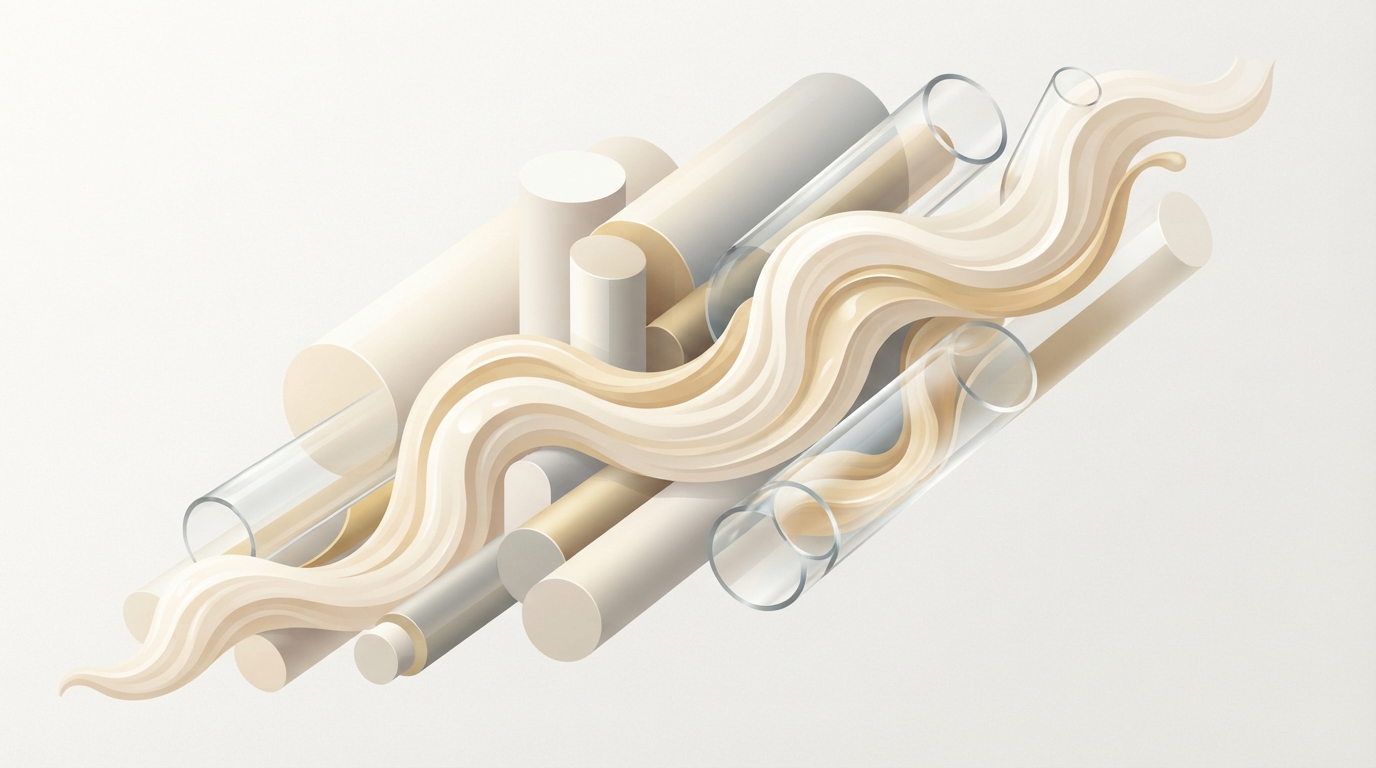 Abstract cylindrical glass forms and creamy liquid swirls.