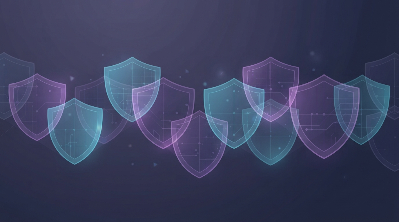 Digital shields in purple and cyan