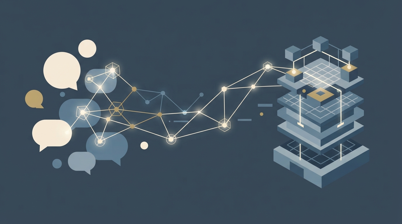 Abstract digital network connecting chat nodes to databases