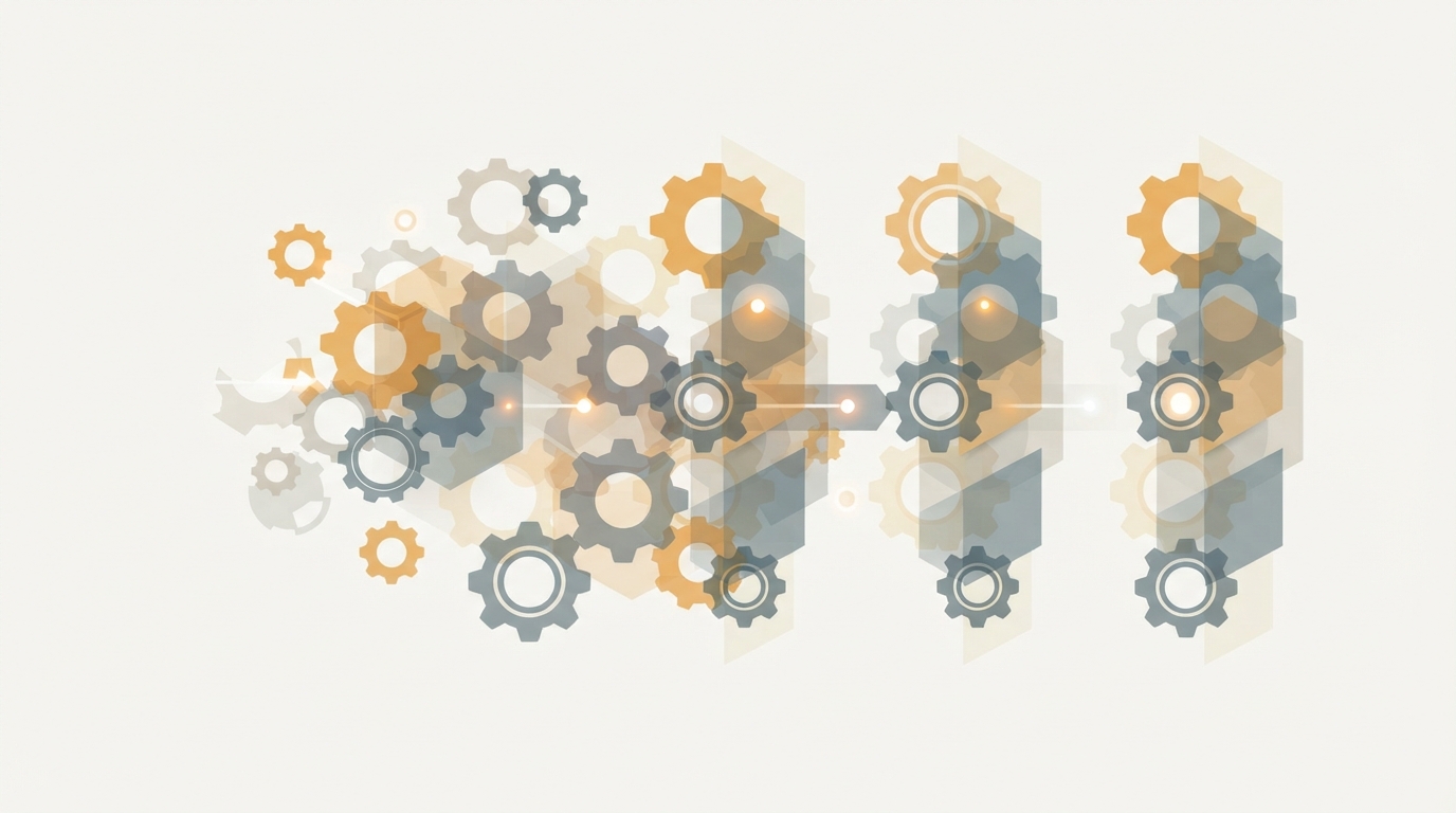 Abstract gears and transparent layers aligning into columns