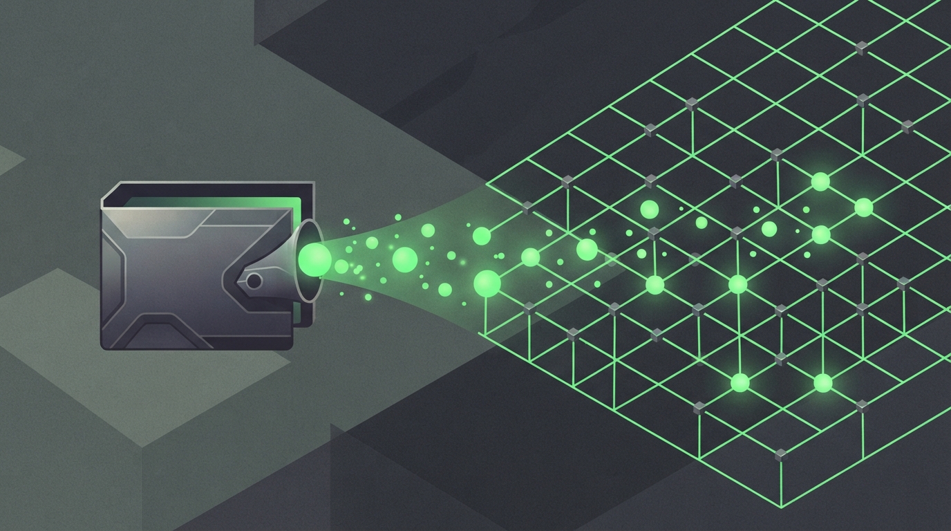 Abstract digital wallet transferring glowing spheres into a grid.