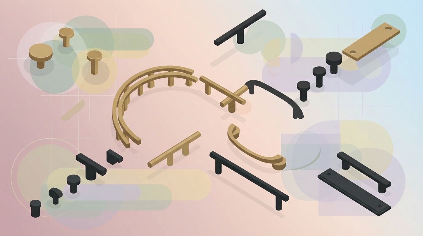 Minimalist interior hardware pieces floating on a soft background.