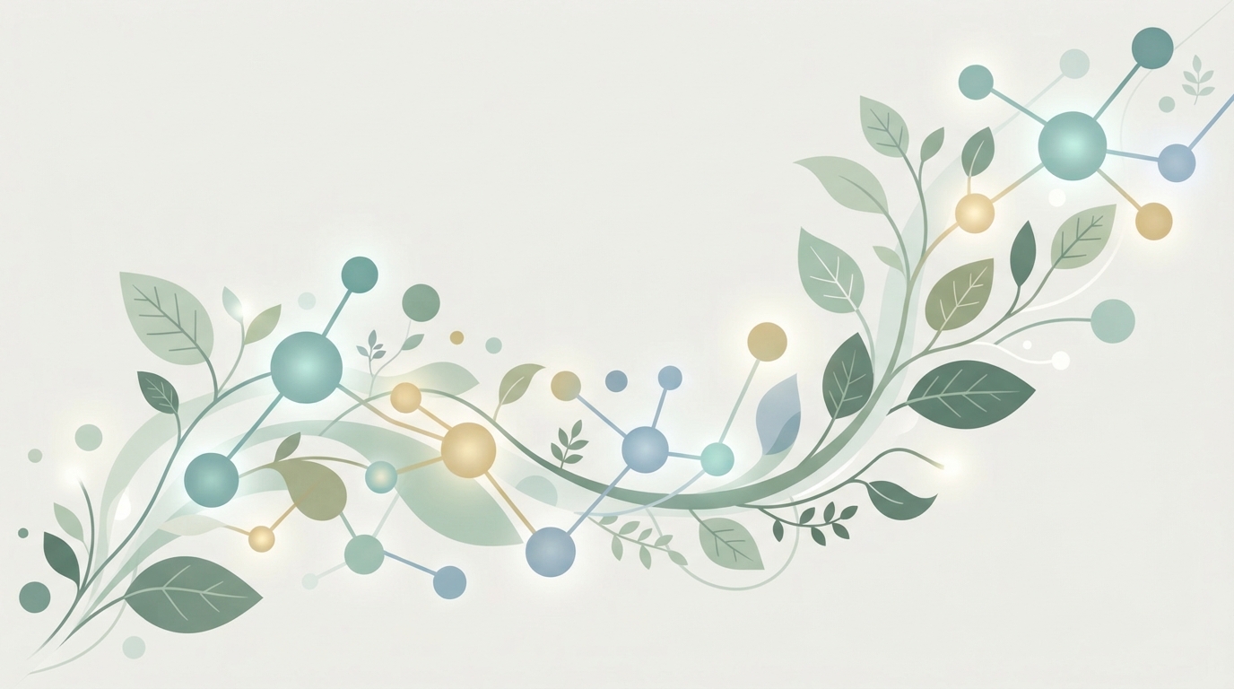 Abstract glowing molecules intersecting with natural leaf shapes
