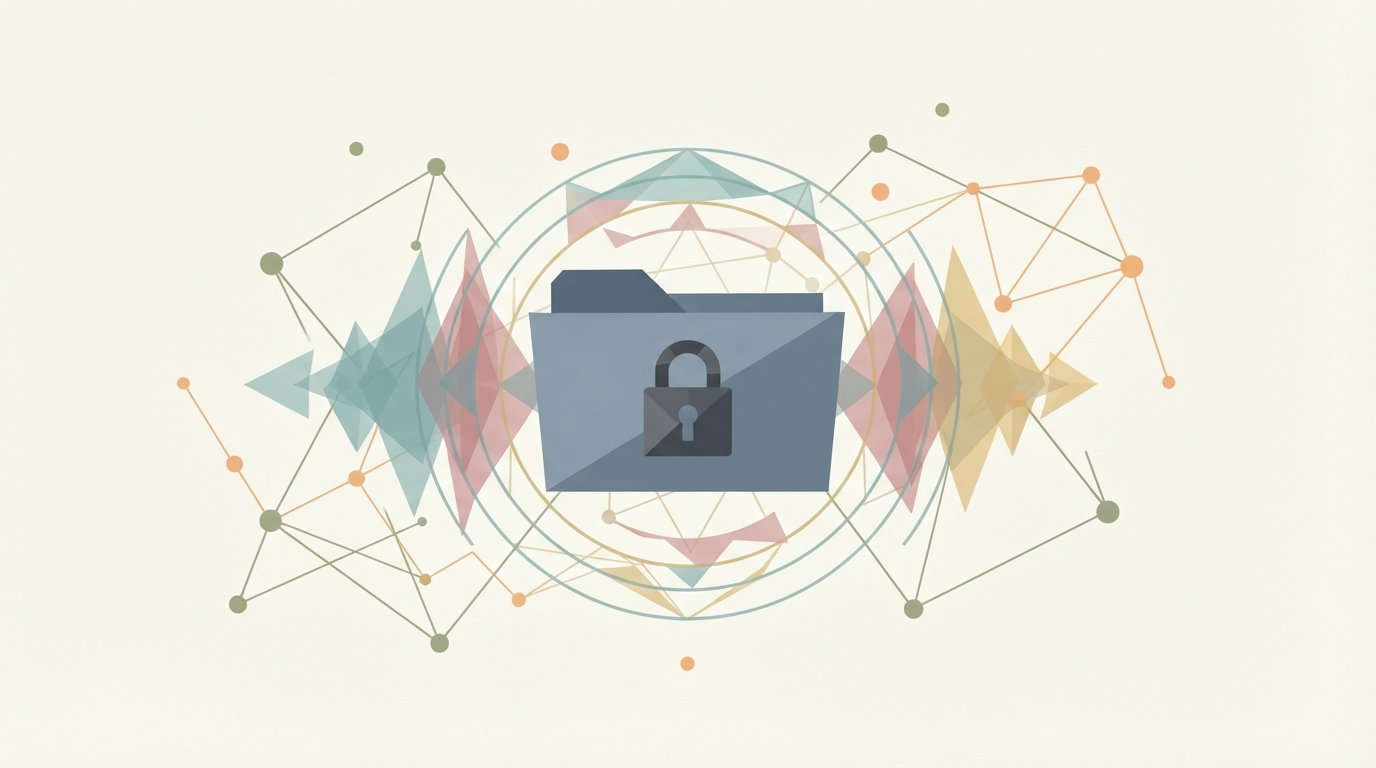 Abstract locked digital nodes visualizing offline secure data processing