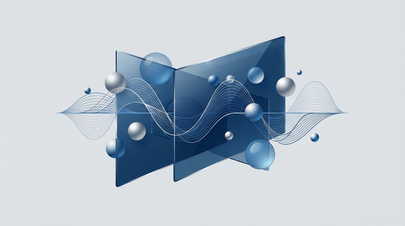 Abstract sound waves and translucent panels in blue and silver.