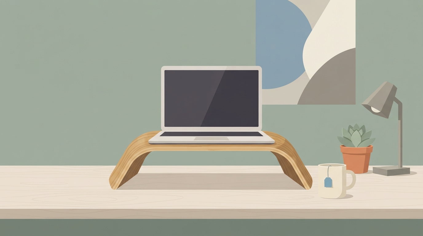 Curved bamboo laptop riser on desk
