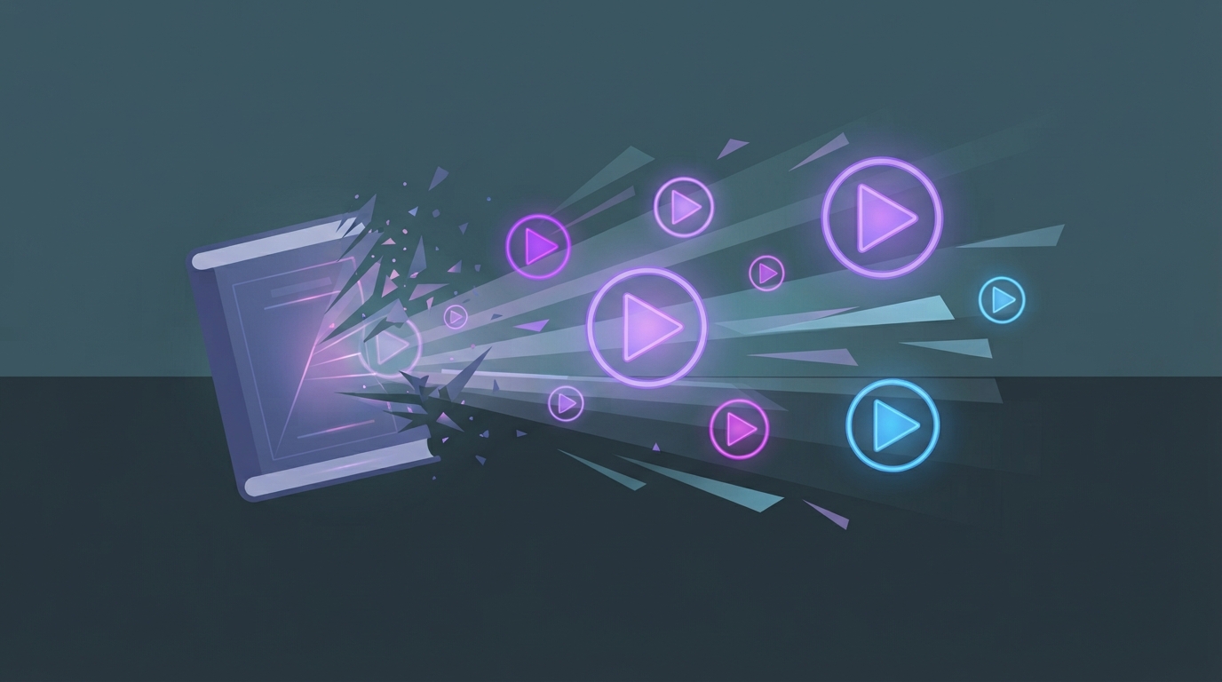 Abstract illustration of a book turning into digital video icons.