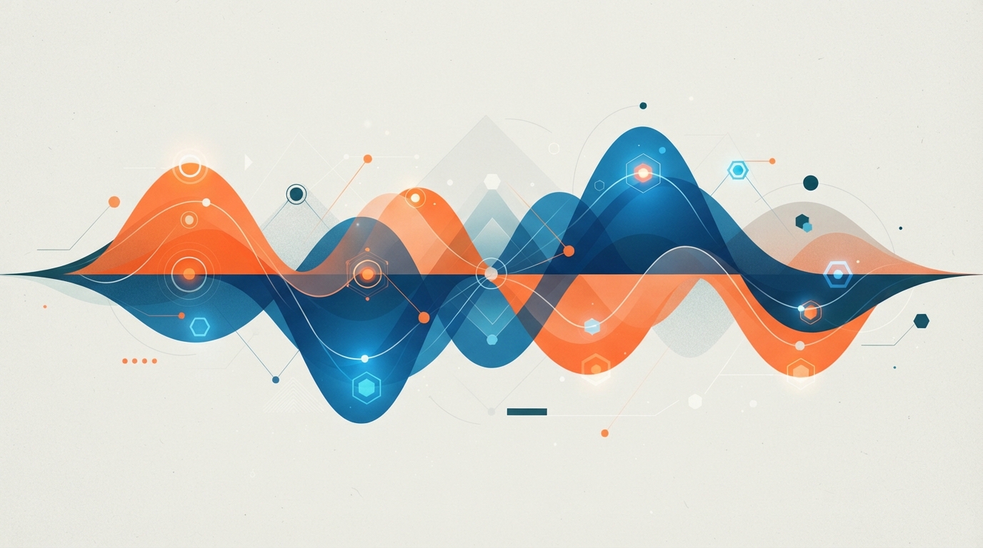 Abstract sound waves crossing digital nodes