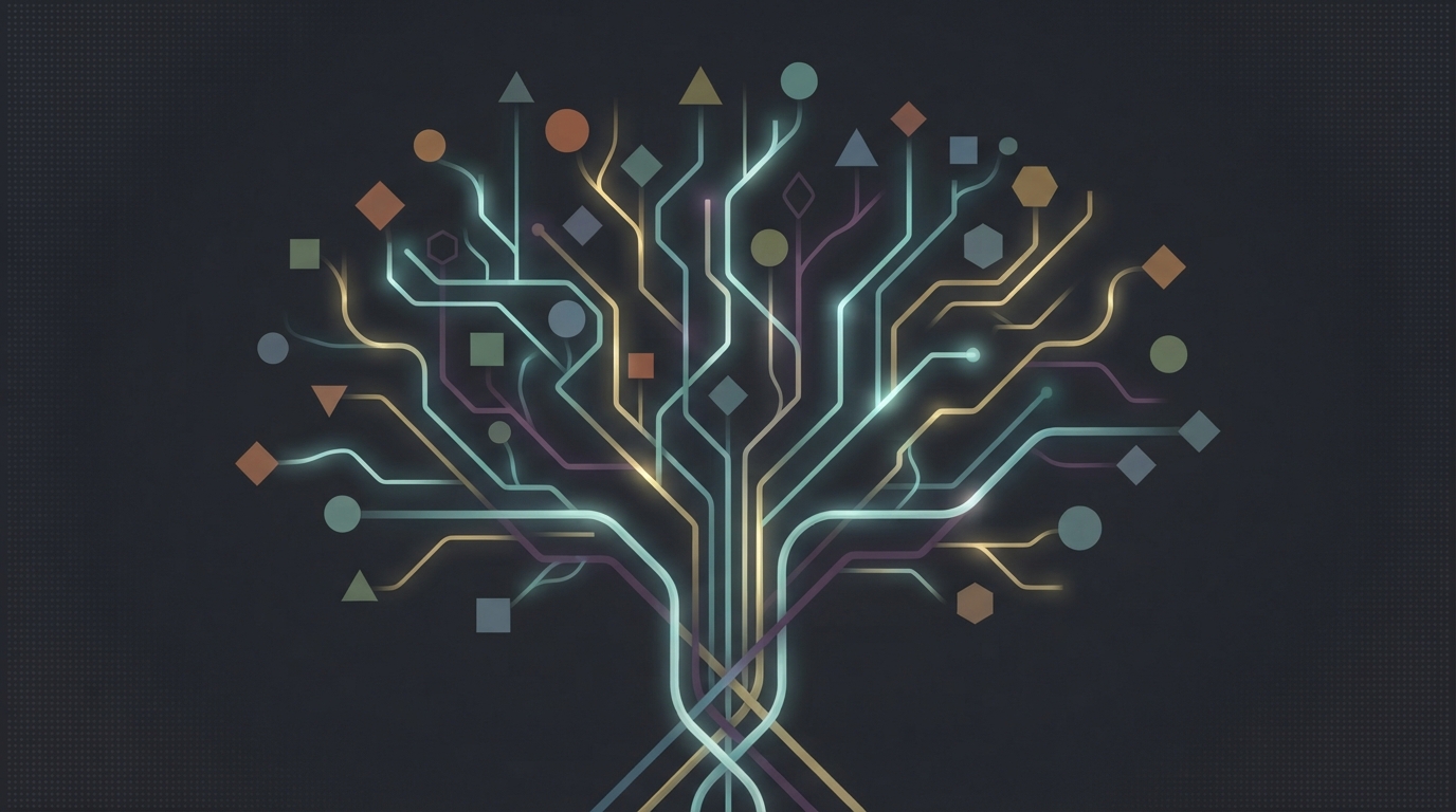 Branching glowing lines representing code version control.