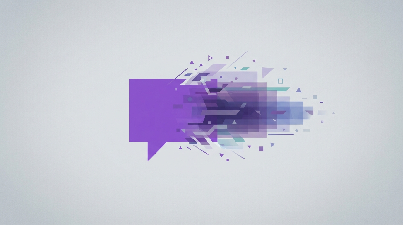 Vibrant purple chat bubble and digital layers.