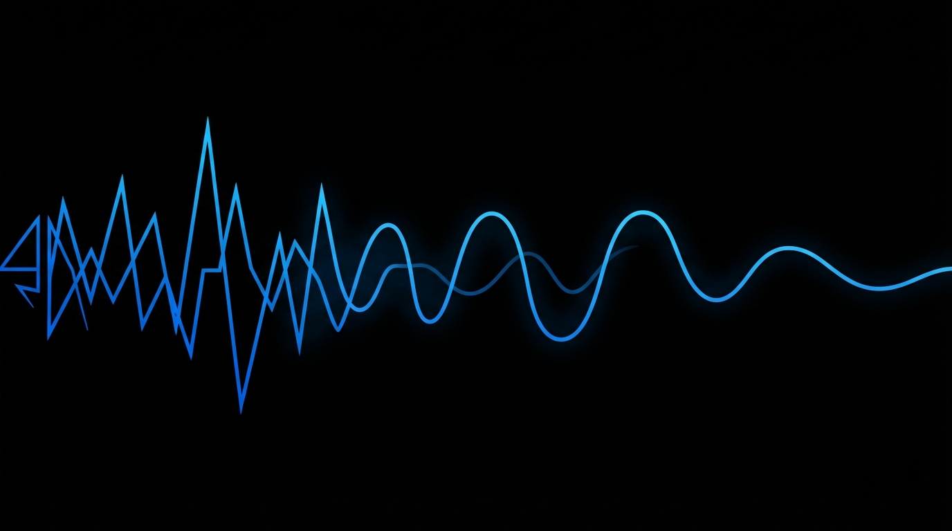 Abstract soundwave transitioning from jagged to flowing curves.