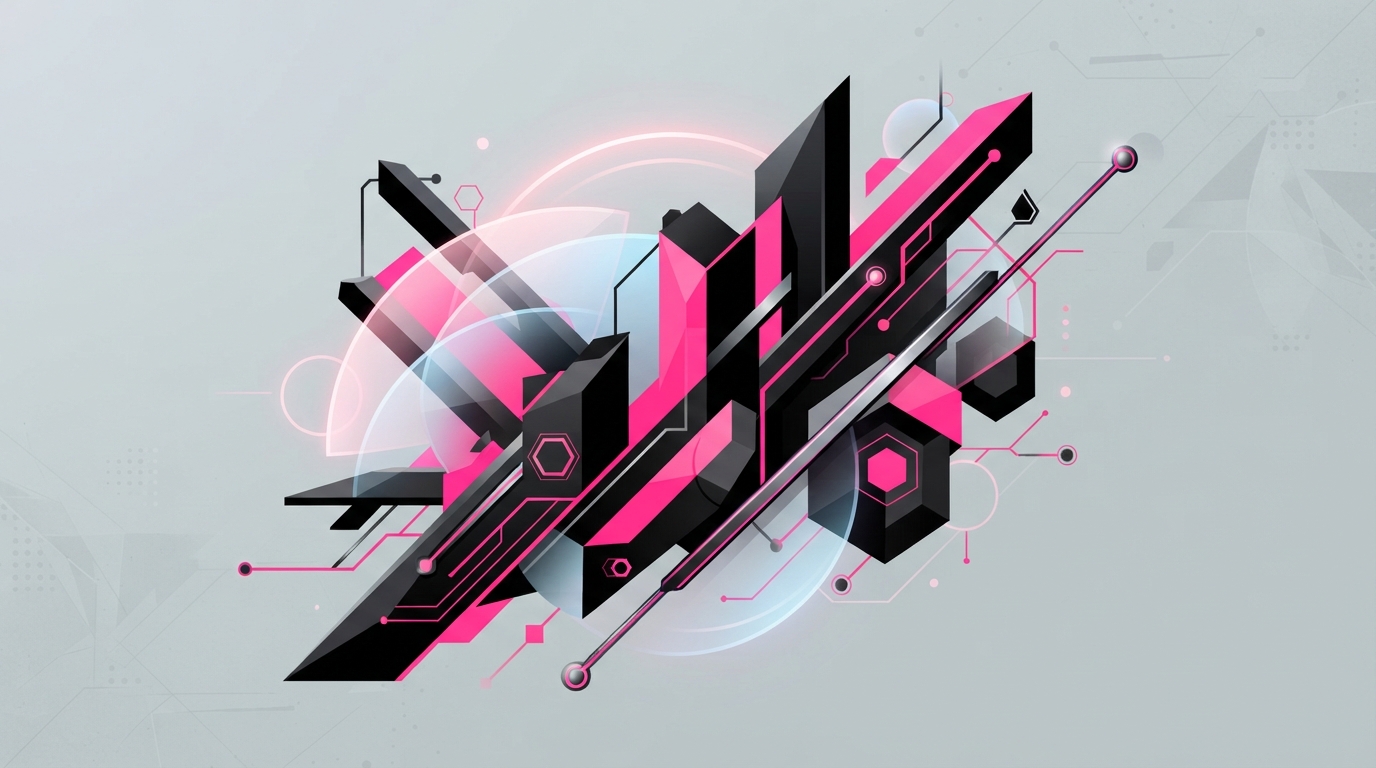 Abstract prisms and translucent lenses in stark black and neon pink.