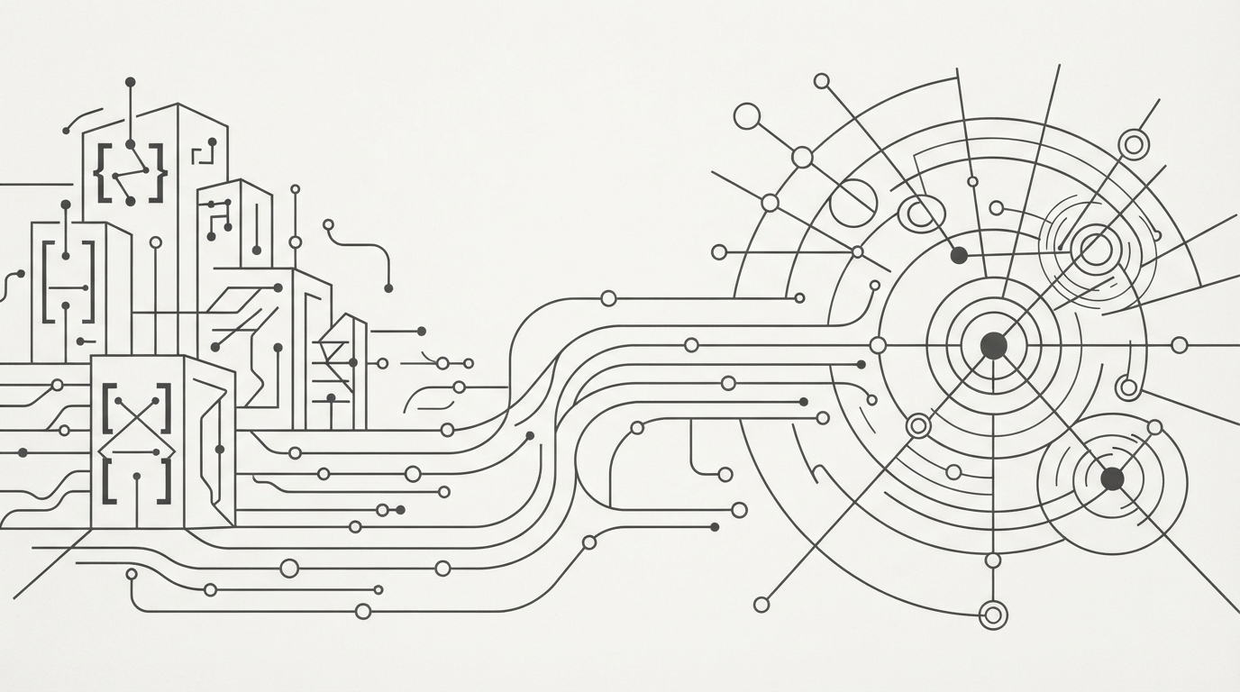 Minimalist line art of code and search nodes