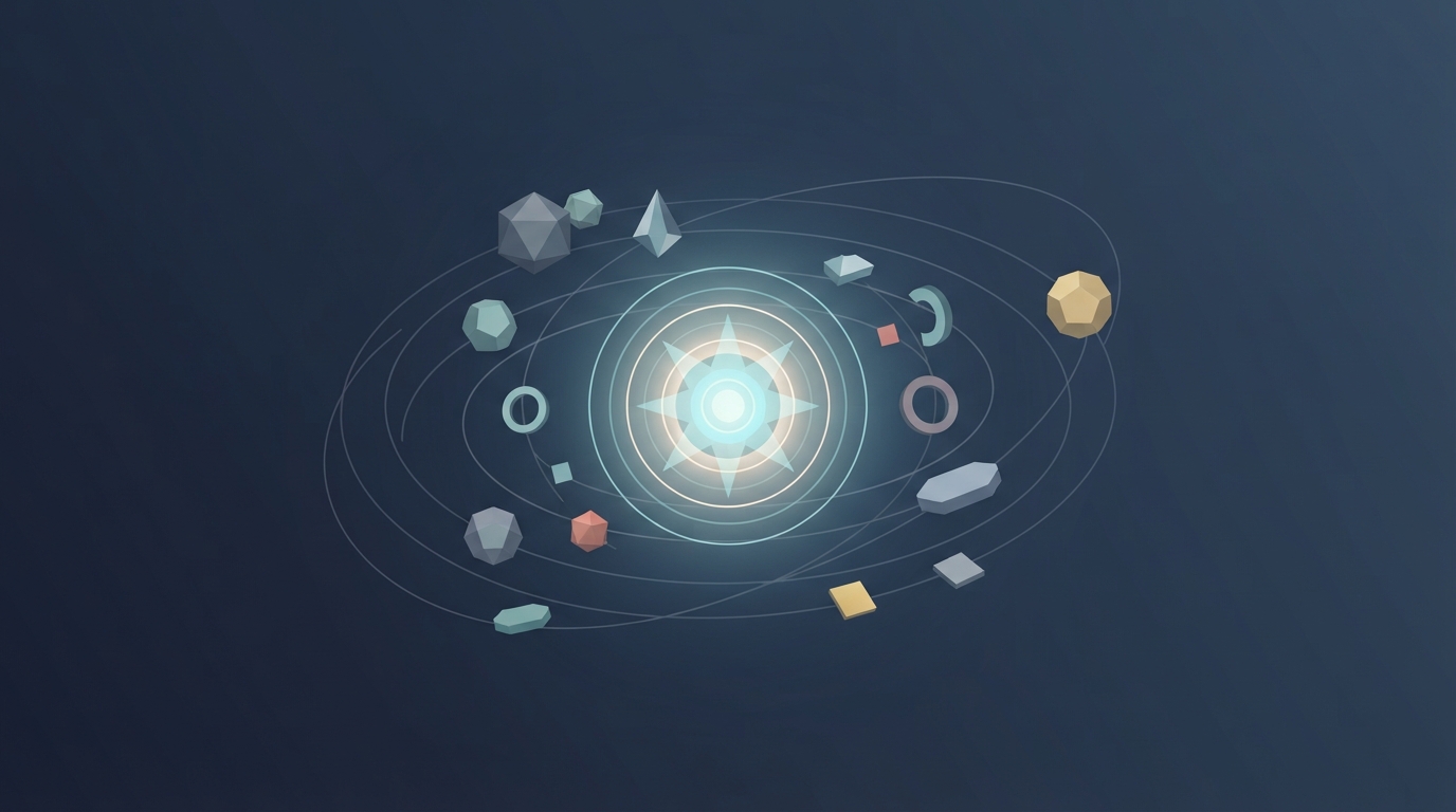 Central glowing core with orbiting shapes.
