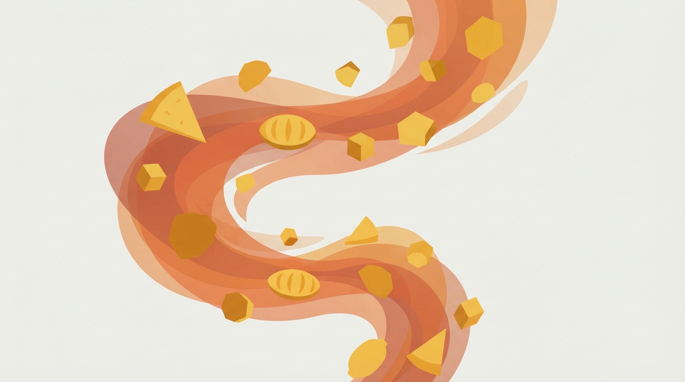Golden floating geometric shapes interacting with orange swirling air currents