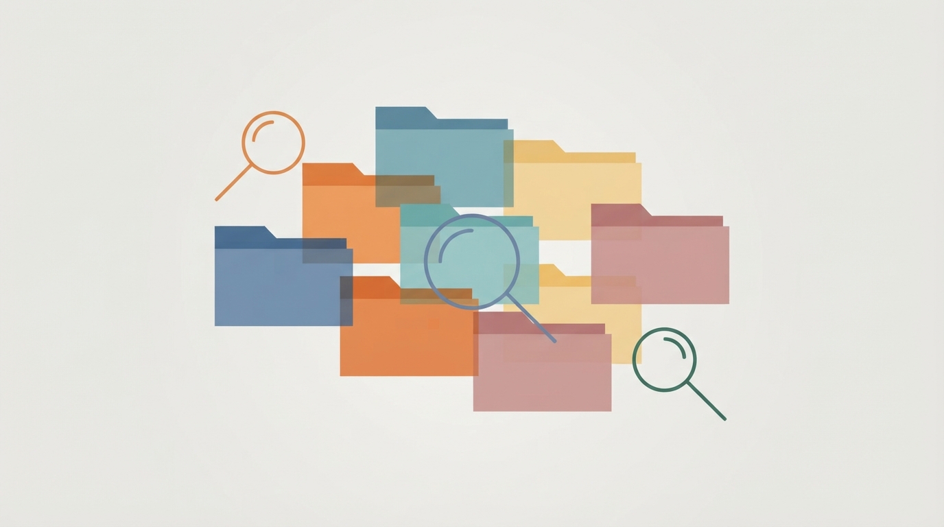 Abstract conceptual representation of digital file search and organization.