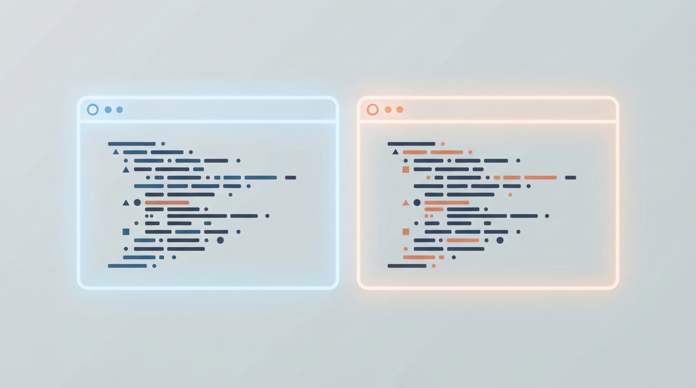 Two parallel browser frames with abstract syntax lines
