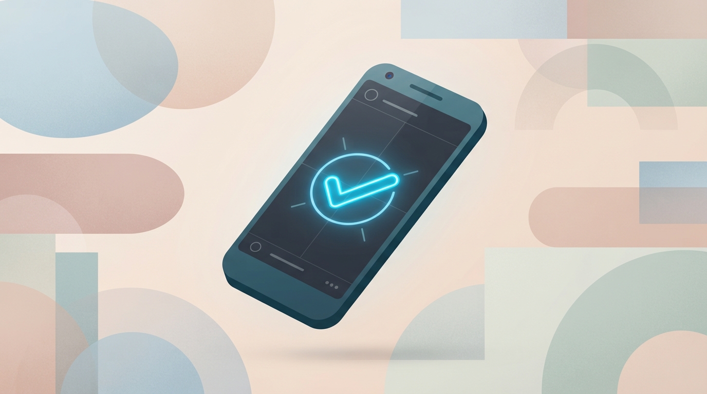 Floating mobile interface with a neon checkmark