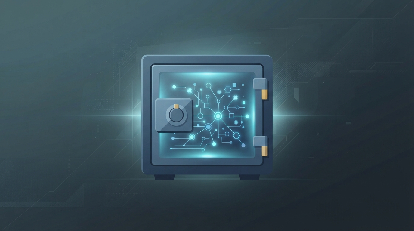 Conceptual metallic safe with glowing internal network nodes