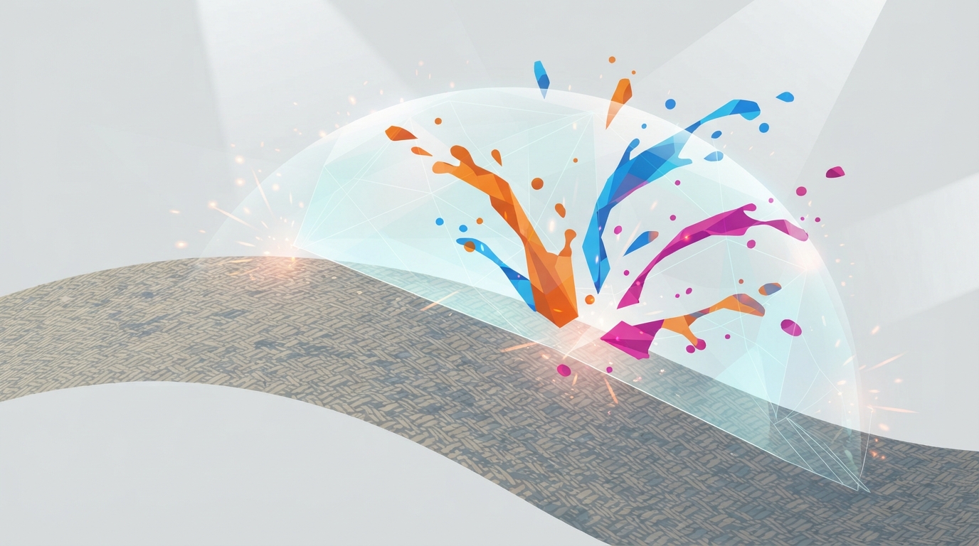 A conceptual barrier blocking colored liquid drops from fabric.