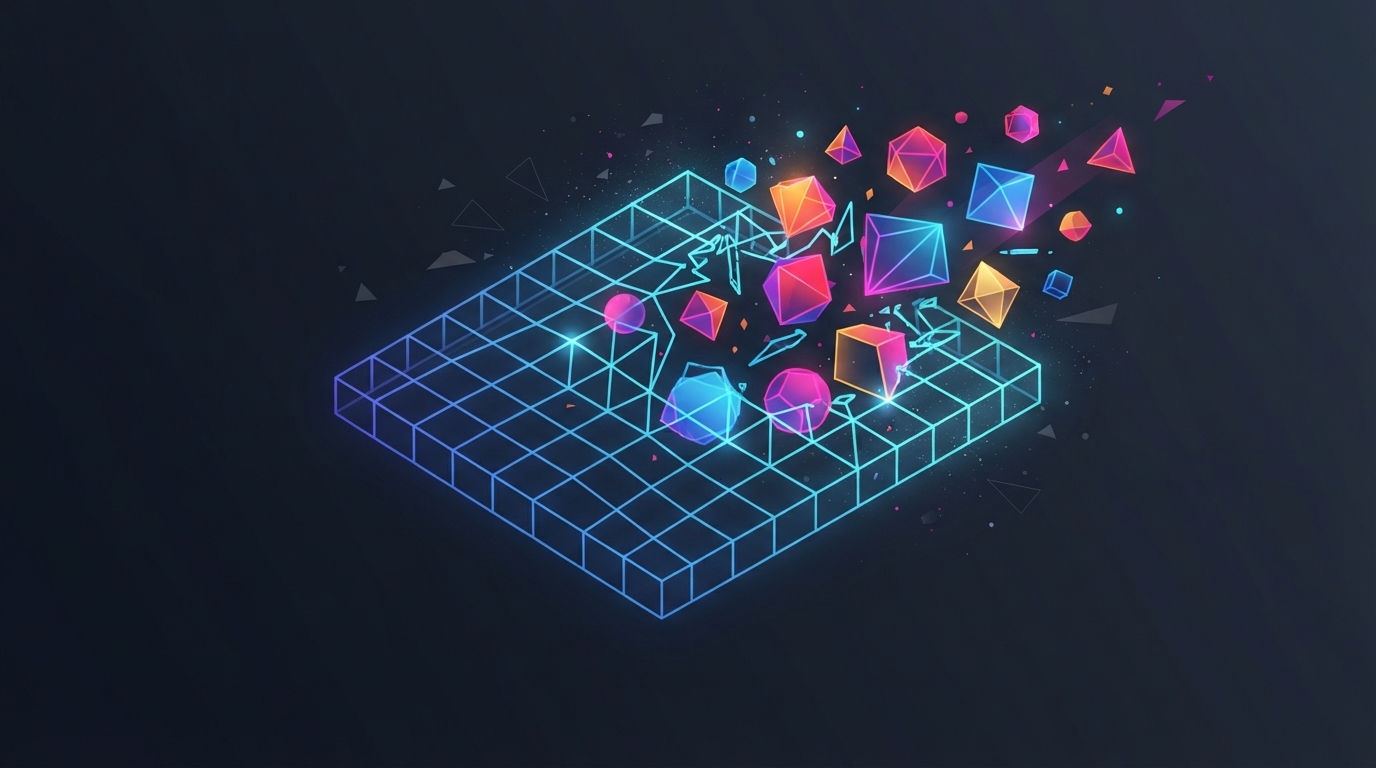 Geometric shapes breaking through a 3D wireframe