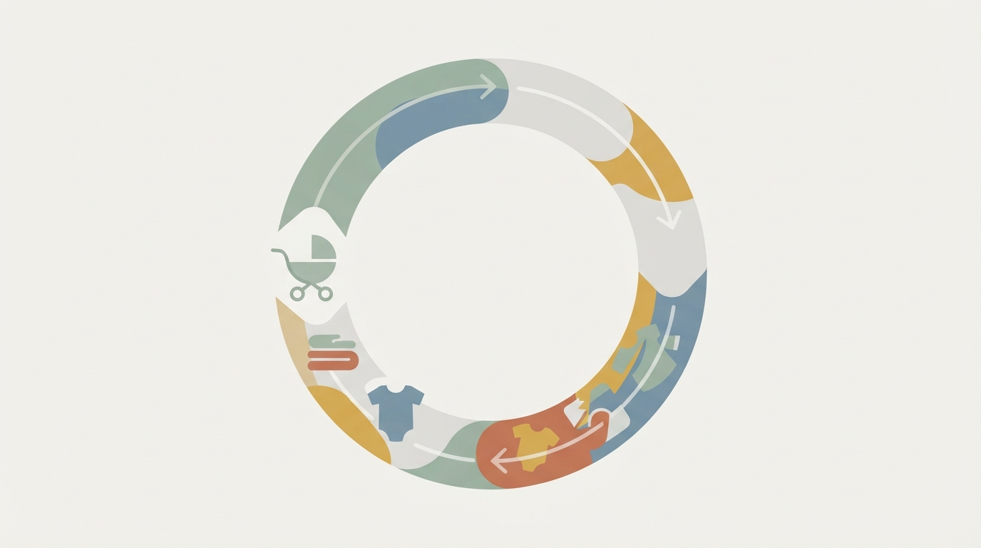 A circular arrow connecting stylized baby gear shapes.
