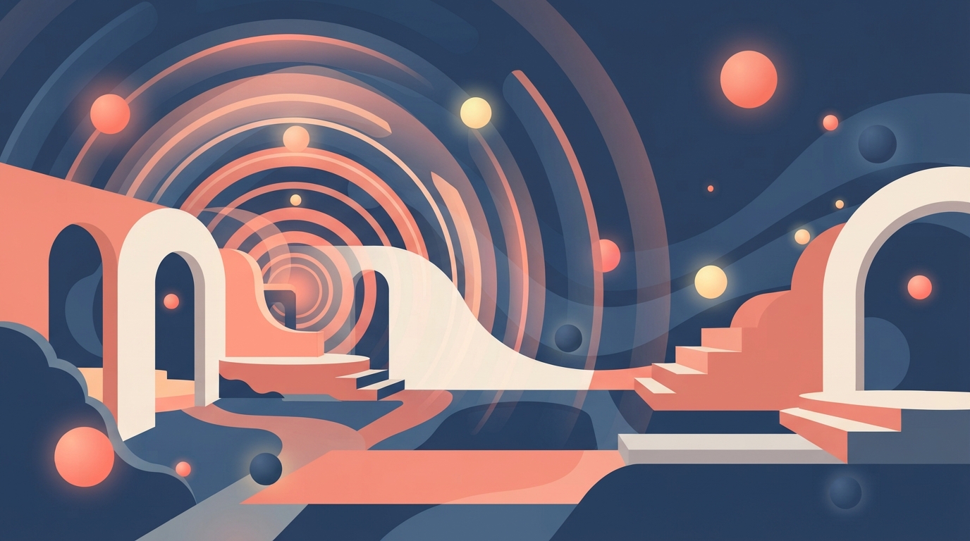 Abstract radiating sound waves and curved architecture in coral and navy.