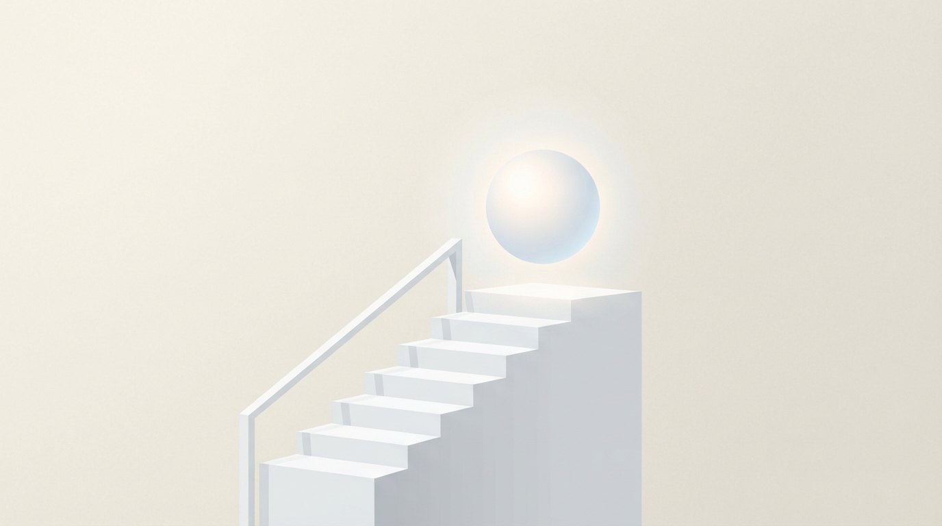 Glowing sphere floating over white stairs