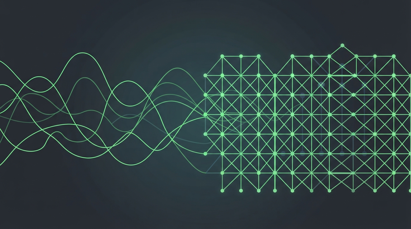 Neon green soundwaves becoming data grids.
