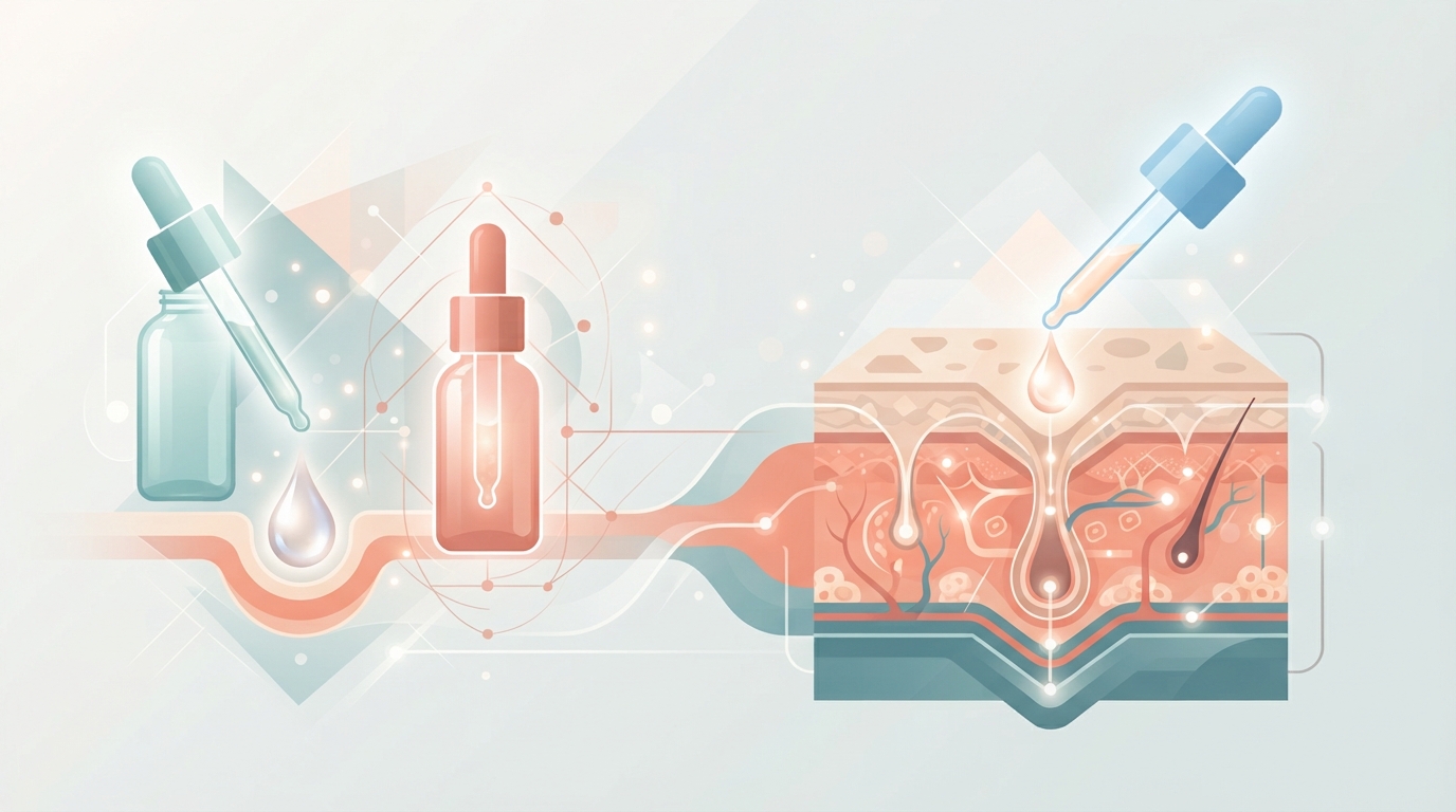 Minimalist skincare bottles with skin layer cross-sections.