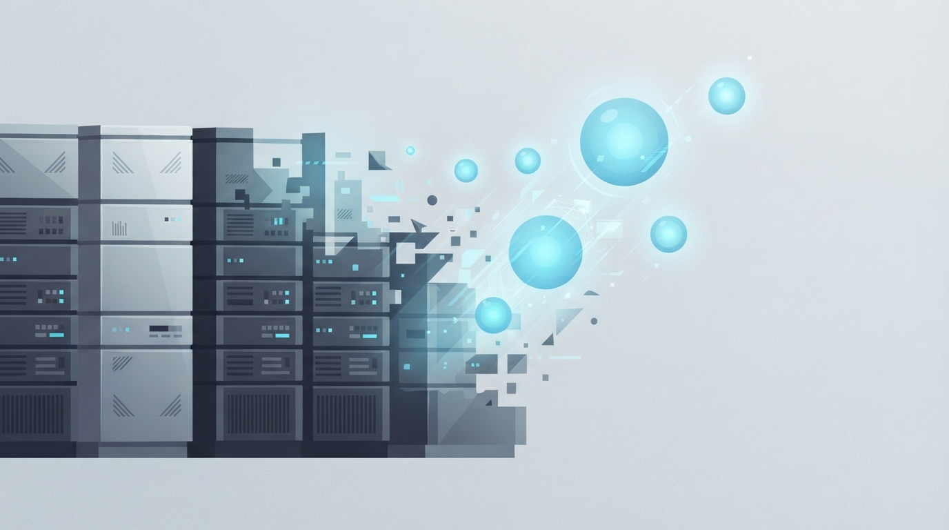 Abstract metallic structures and glowing cyan orbs.