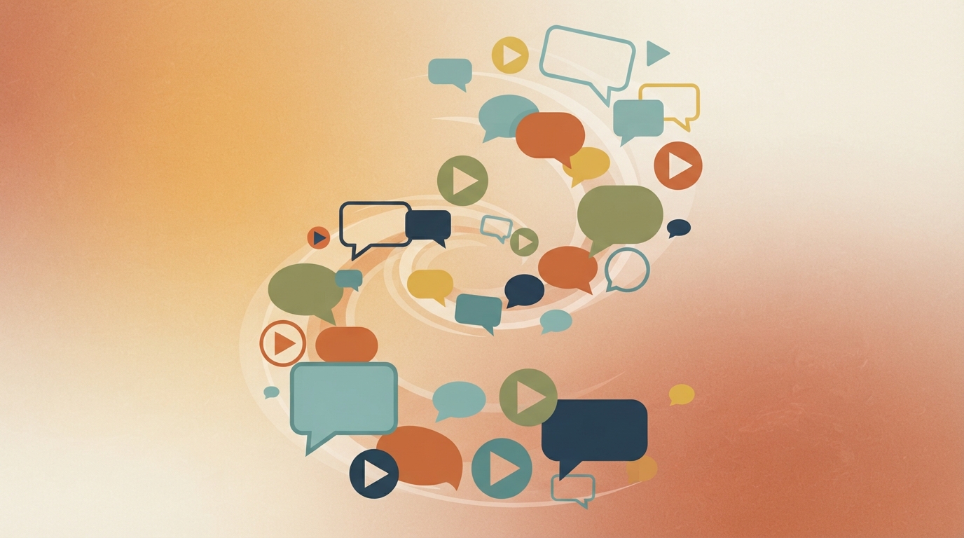 Abstract visualization of digital video merging with conversation.