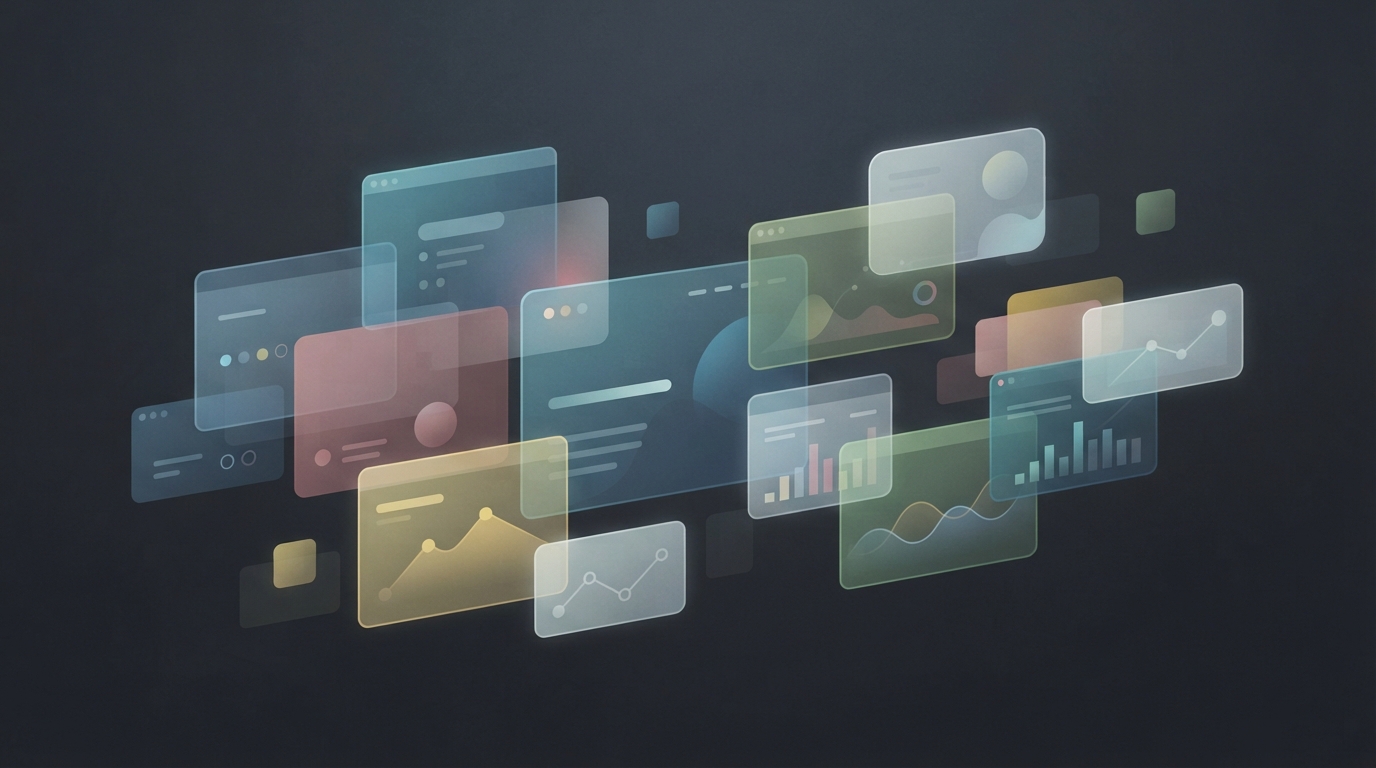 Abstract window layers representing desktop software bridges.
