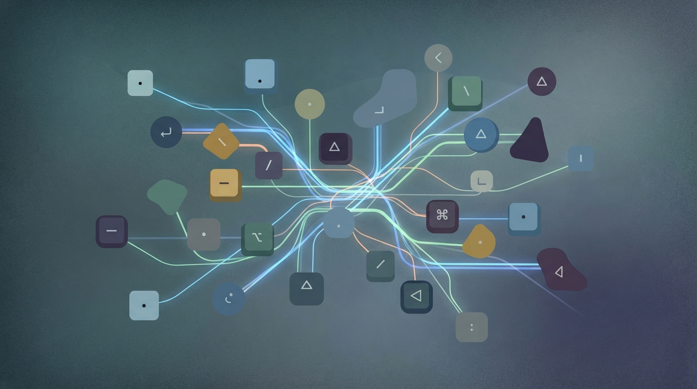 Floating digital keyboard tiles linked by bright data lines