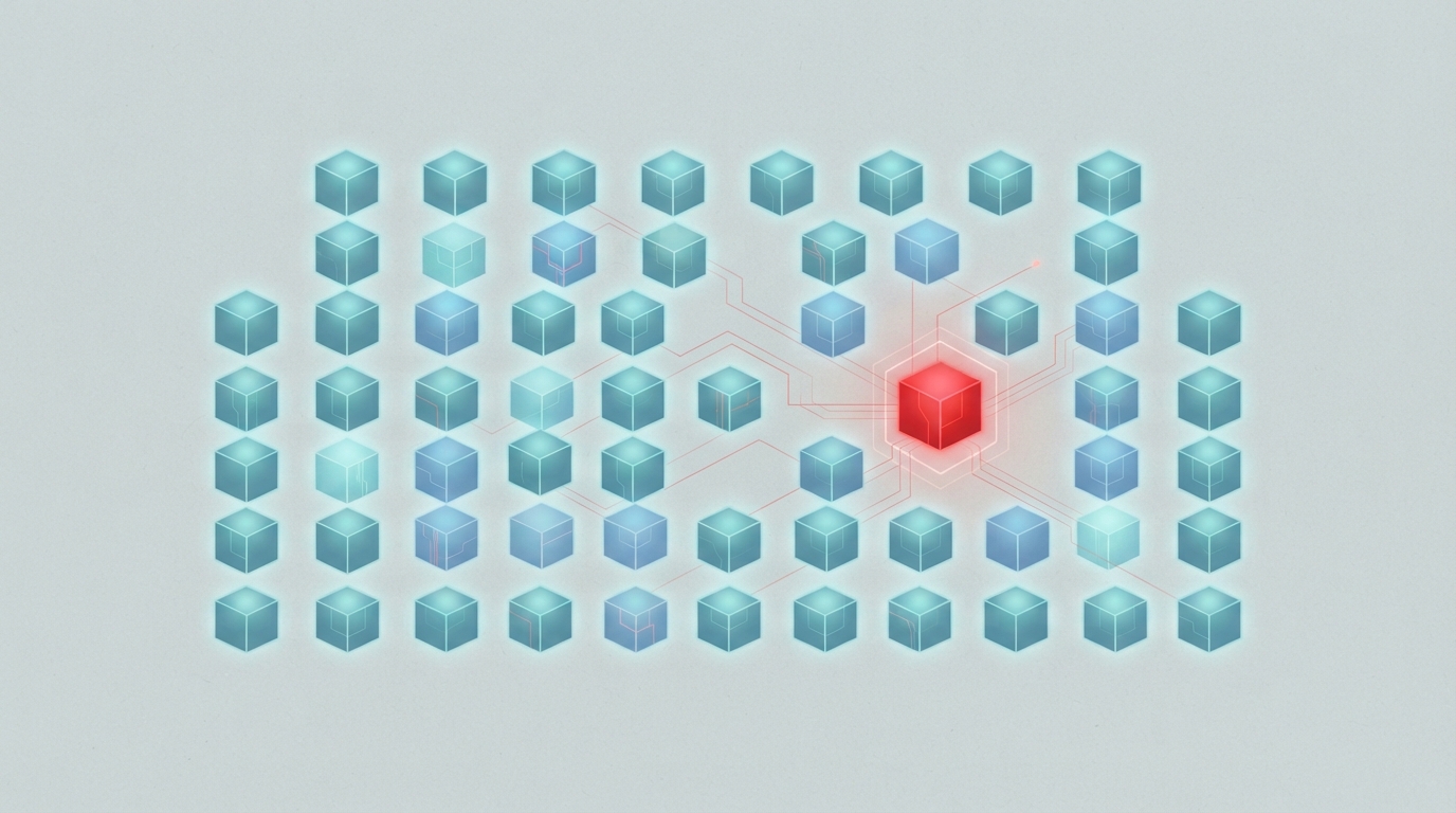Abstract visualization of a warehouse grid with an error alert.