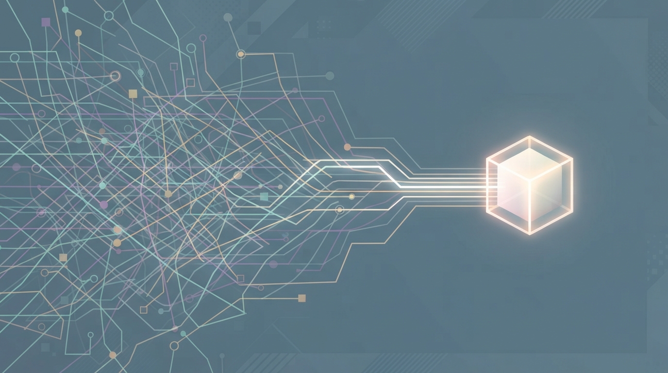 Complex glowing network consolidating into one bright cube