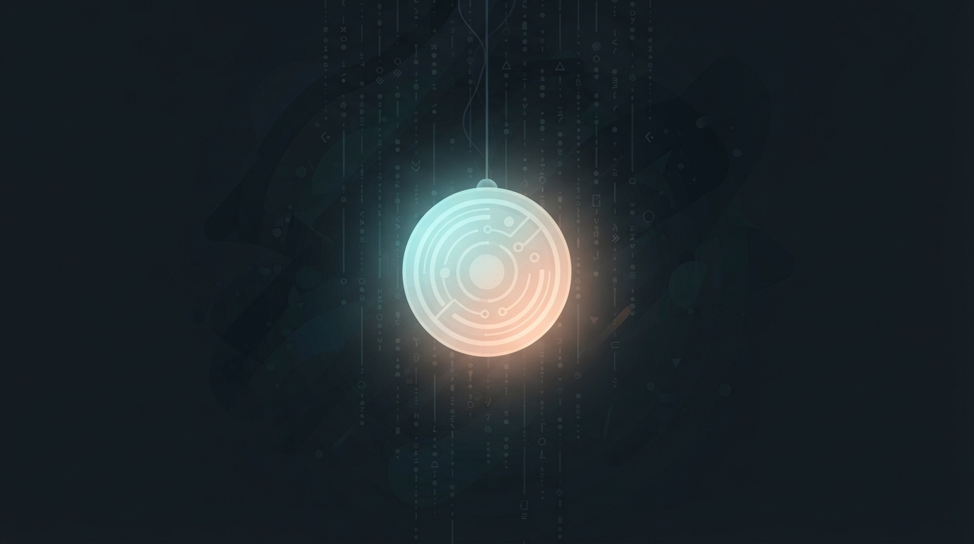 Suspended glowing orb against a dark background with digital rain