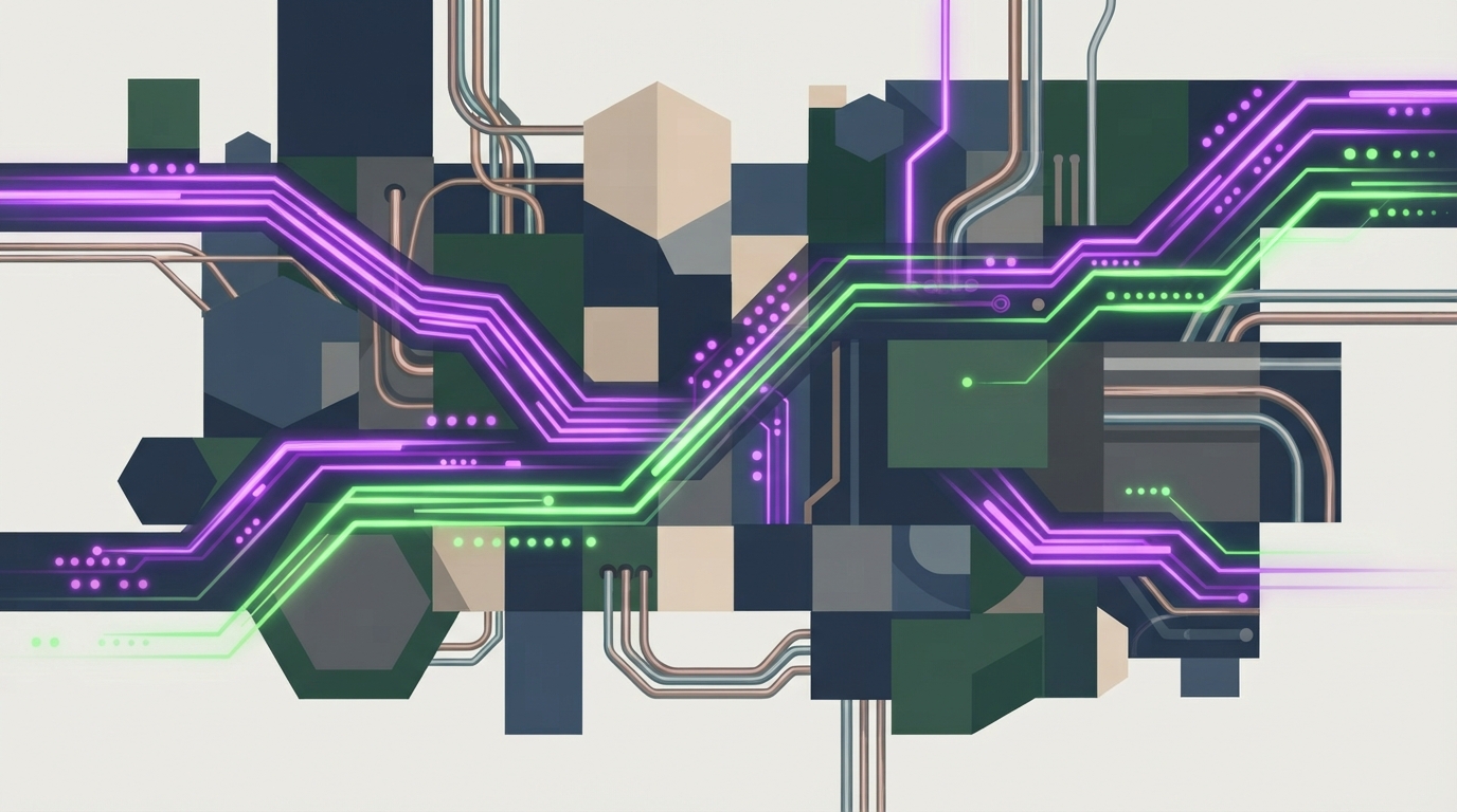 Interlocking geometric blocks and glowing data streams.