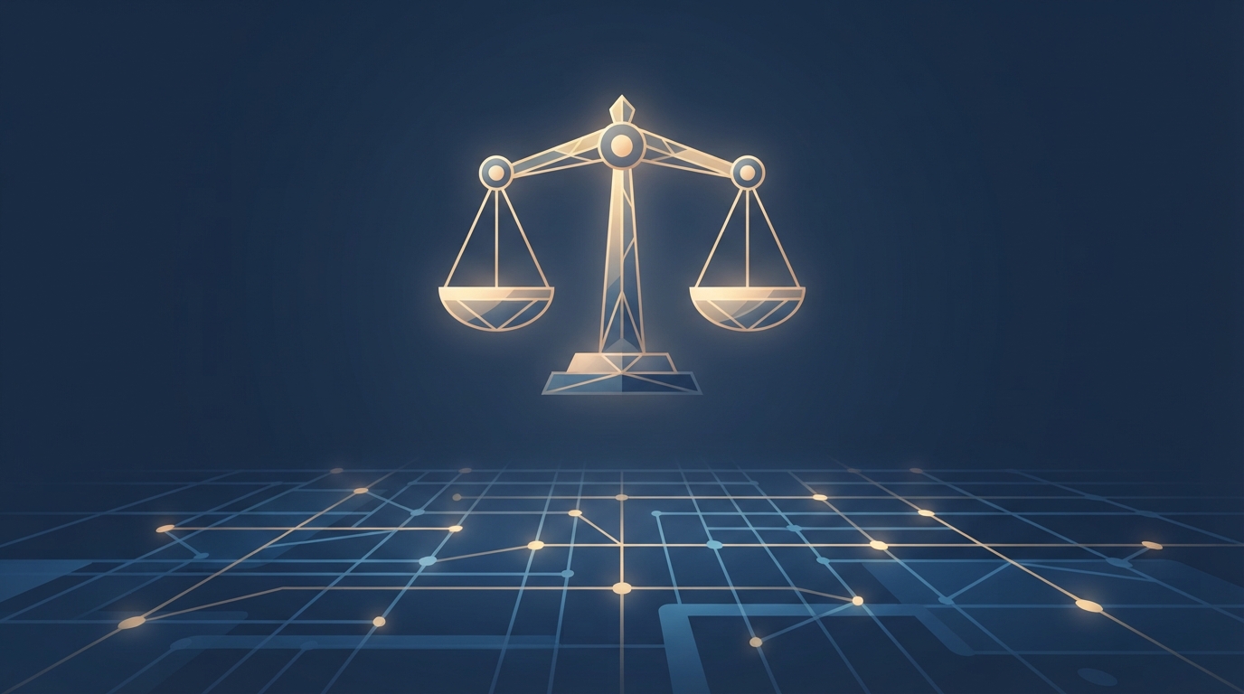 Abstract illustration of digital scales of justice and data nodes.