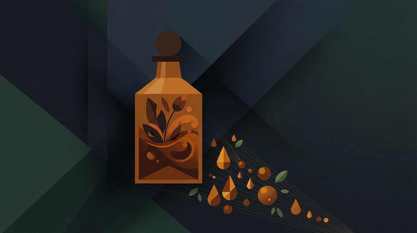 Amber glass bottle with botanical droplets