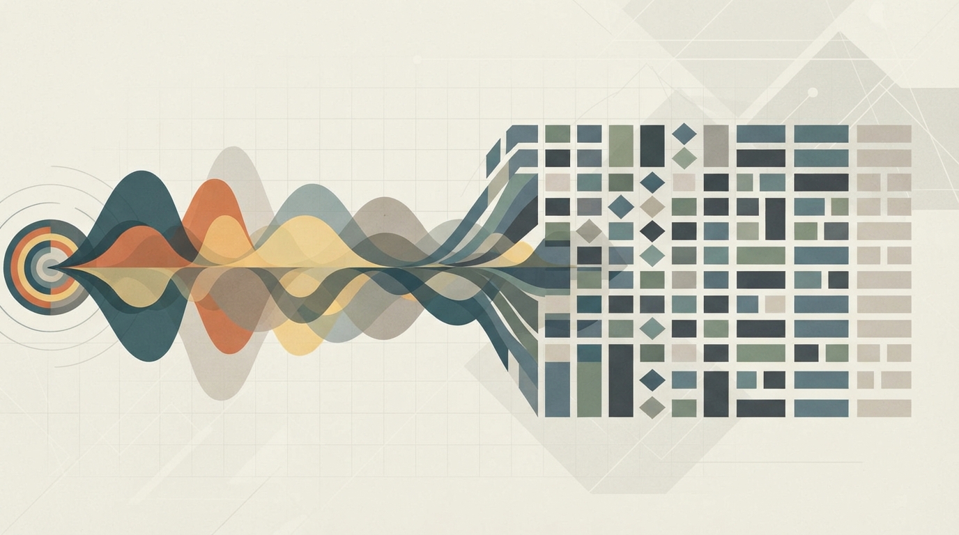 Audio waves transforming into digital text blocks